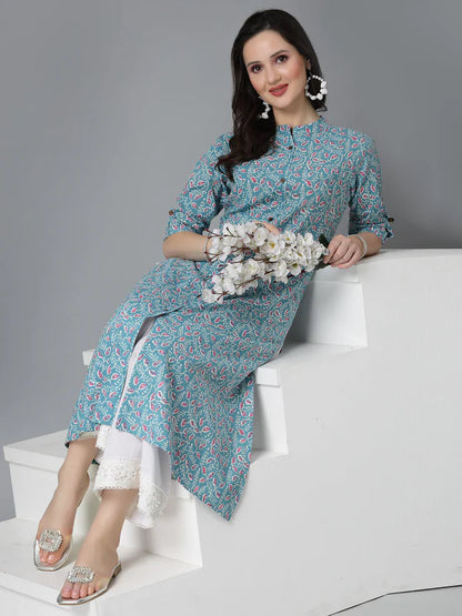 FLORAL PRINTED COTTON A-LINE KURTA