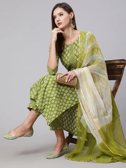 COTTON CALF LENGTH STRAIGHT 3/4 SLEEVE ROUND NECK PRINTED KURTA, PANTS WITH DUPATTA SET