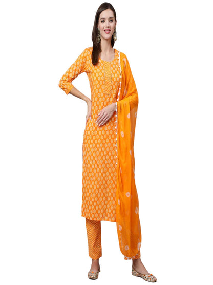 COTTON CALF LENGTH STRAIGHT 3/4 SLEEVE ROUND NECK PRINTED KURTA, PANTS WITH DUPATTA SET