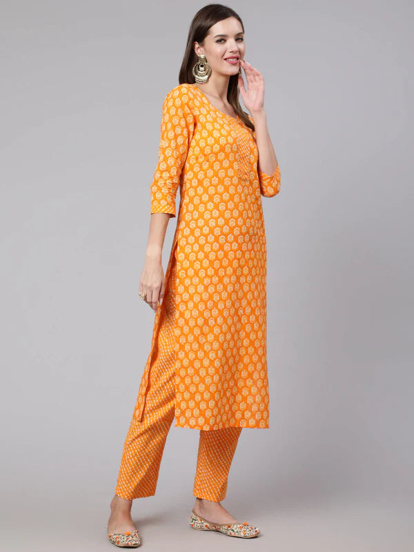 COTTON CALF LENGTH STRAIGHT 3/4 SLEEVE ROUND NECK PRINTED KURTA, PANTS WITH DUPATTA SET