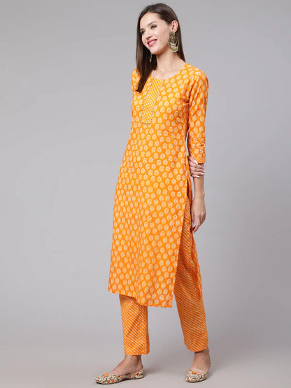 COTTON CALF LENGTH STRAIGHT 3/4 SLEEVE ROUND NECK PRINTED KURTA, PANTS WITH DUPATTA SET