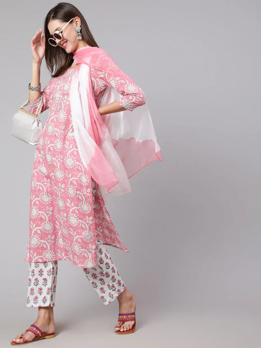 COTTON CALF LENGTH STRAIGHT 3/4 SLEEVE ROUND NECK PRINTED KURTA, PANTS WITH DUPATTA SET