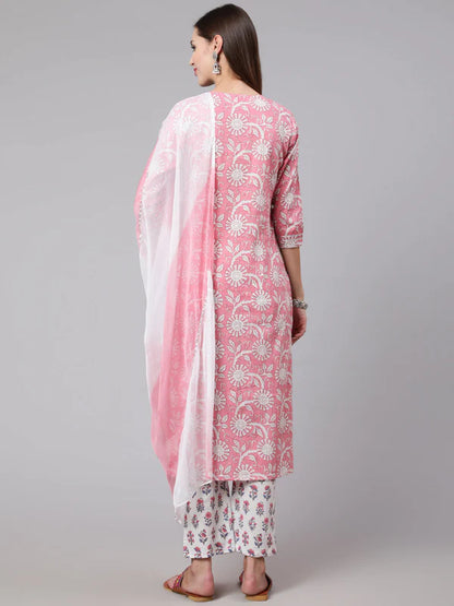 COTTON CALF LENGTH STRAIGHT 3/4 SLEEVE ROUND NECK PRINTED KURTA, PANTS WITH DUPATTA SET