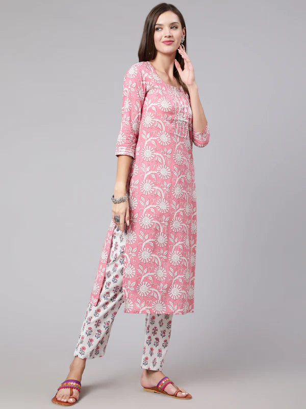 COTTON CALF LENGTH STRAIGHT 3/4 SLEEVE ROUND NECK PRINTED KURTA, PANTS WITH DUPATTA SET