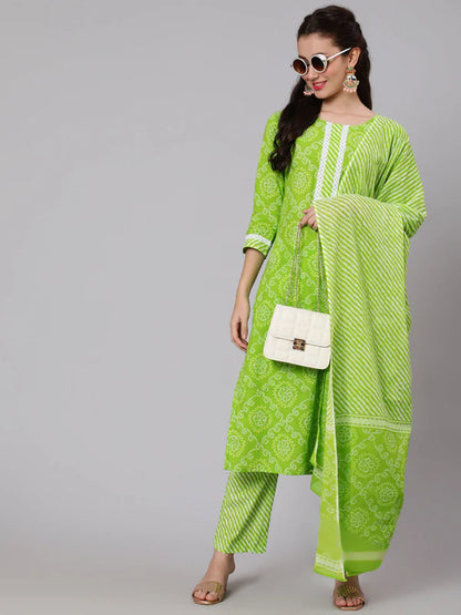 BANDHANI PRINT COTTON CALF LENGTH STRAIGHT 3/4 SLEEVE ROUND NECK PRINTED KURTA, PANTS WITH DUPATTA SET