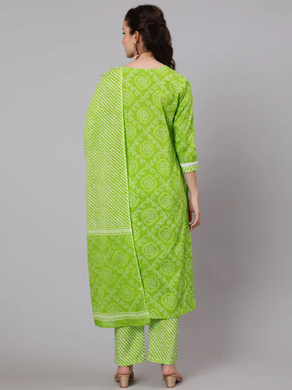 BANDHANI PRINT COTTON CALF LENGTH STRAIGHT 3/4 SLEEVE ROUND NECK PRINTED KURTA, PANTS WITH DUPATTA SET