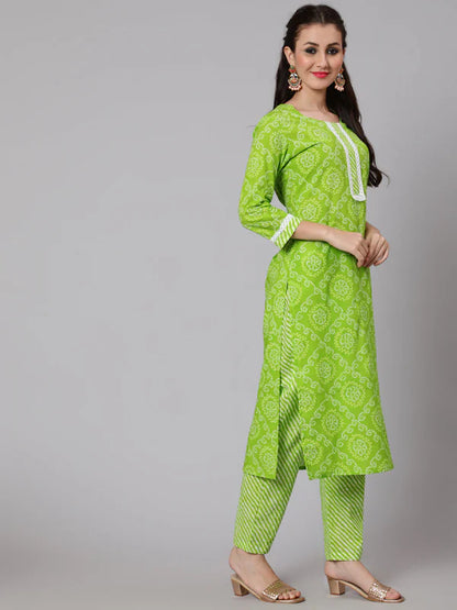 BANDHANI PRINT COTTON CALF LENGTH STRAIGHT 3/4 SLEEVE ROUND NECK PRINTED KURTA, PANTS WITH DUPATTA SET