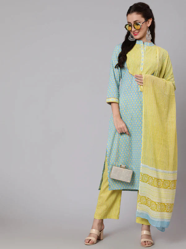 PRINTED COTTON CALF LENGTH STRAIGHT 3/4 SLEEVE ROUND NECK PRINTED KURTA, PANTS WITH DUPATTA SET