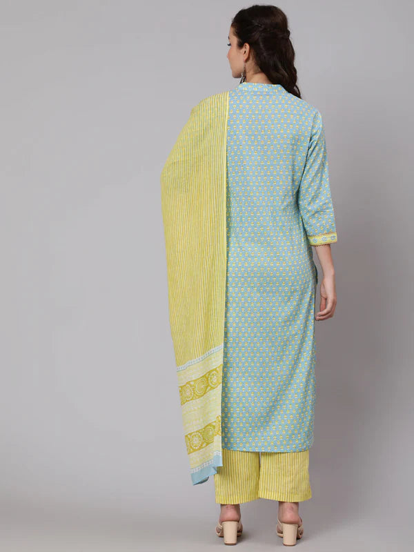 PRINTED COTTON CALF LENGTH STRAIGHT 3/4 SLEEVE ROUND NECK PRINTED KURTA, PANTS WITH DUPATTA SET