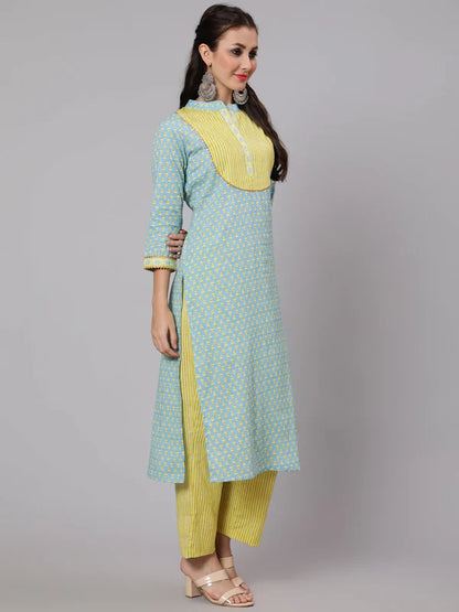 PRINTED COTTON CALF LENGTH STRAIGHT 3/4 SLEEVE ROUND NECK PRINTED KURTA, PANTS WITH DUPATTA SET