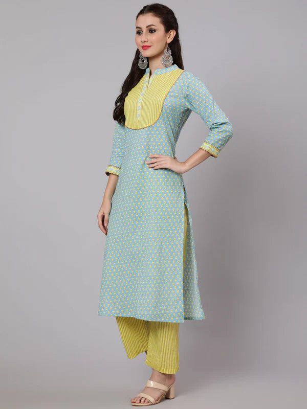 PRINTED COTTON CALF LENGTH STRAIGHT 3/4 SLEEVE ROUND NECK PRINTED KURTA, PANTS WITH DUPATTA SET