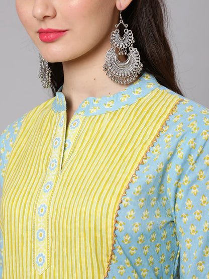 PRINTED COTTON CALF LENGTH STRAIGHT 3/4 SLEEVE ROUND NECK PRINTED KURTA, PANTS WITH DUPATTA SET