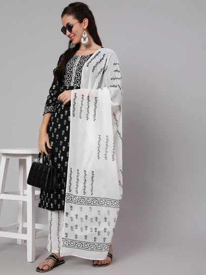 PRINTED COTTON CALF LENGTH STRAIGHT 3/4 SLEEVE ROUND NECK PRINTED KURTA, PANTS WITH DUPATTA SET