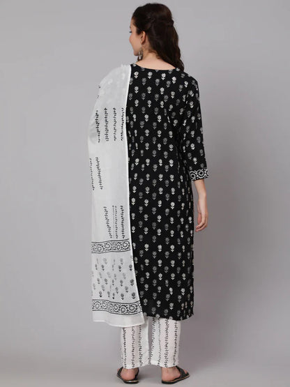 PRINTED COTTON CALF LENGTH STRAIGHT 3/4 SLEEVE ROUND NECK PRINTED KURTA, PANTS WITH DUPATTA SET