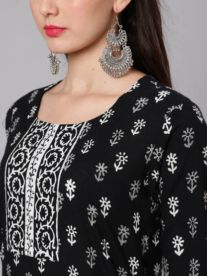 PRINTED COTTON CALF LENGTH STRAIGHT 3/4 SLEEVE ROUND NECK PRINTED KURTA, PANTS WITH DUPATTA SET