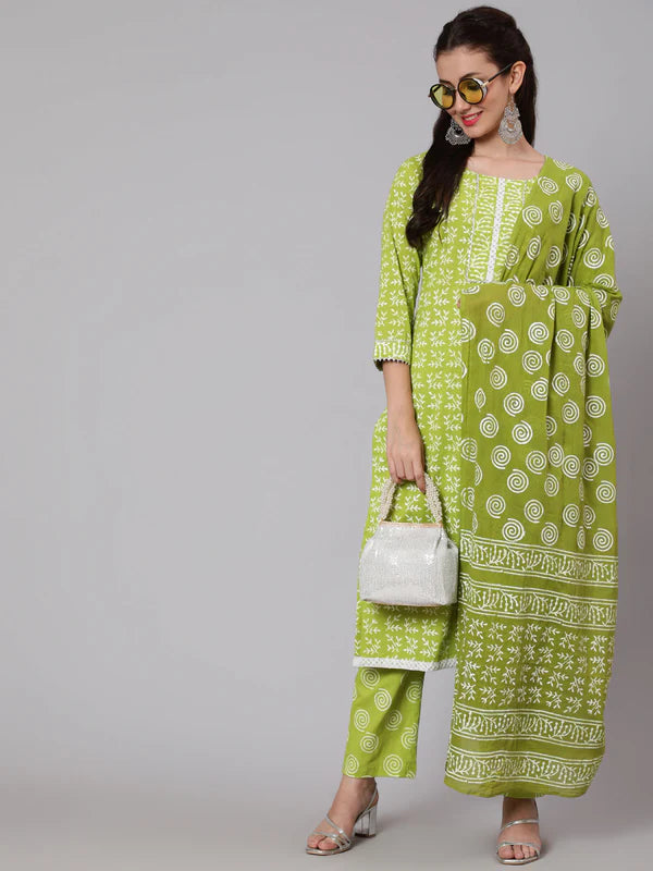 PRINTED COTTON CALF LENGTH STRAIGHT 3/4 SLEEVE ROUND NECK PRINTED KURTA, PANTS WITH DUPATTA SET