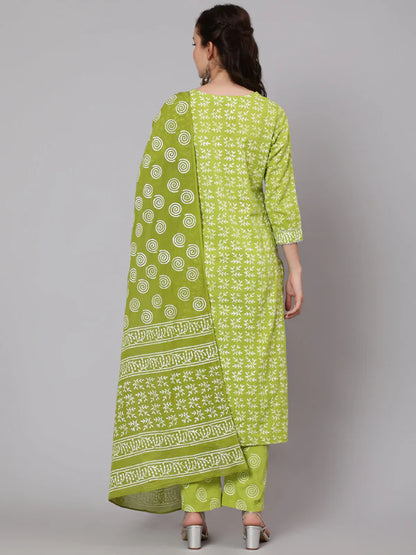 PRINTED COTTON CALF LENGTH STRAIGHT 3/4 SLEEVE ROUND NECK PRINTED KURTA, PANTS WITH DUPATTA SET