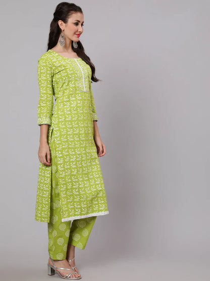 PRINTED COTTON CALF LENGTH STRAIGHT 3/4 SLEEVE ROUND NECK PRINTED KURTA, PANTS WITH DUPATTA SET