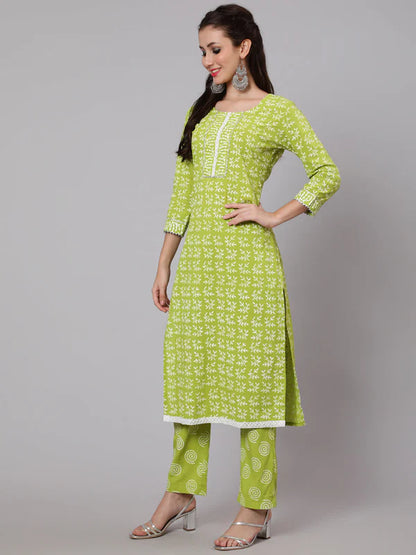 PRINTED COTTON CALF LENGTH STRAIGHT 3/4 SLEEVE ROUND NECK PRINTED KURTA, PANTS WITH DUPATTA SET