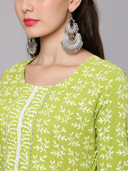 PRINTED COTTON CALF LENGTH STRAIGHT 3/4 SLEEVE ROUND NECK PRINTED KURTA, PANTS WITH DUPATTA SET