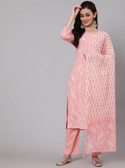 PRINTED COTTON CALF LENGTH STRAIGHT 3/4 SLEEVE ROUND NECK PRINTED KURTA, PANTS WITH DUPATTA SET