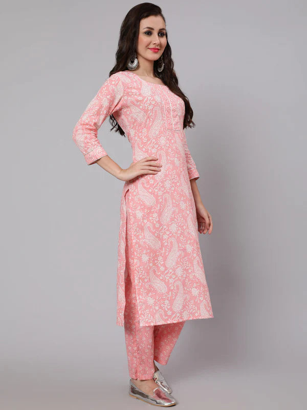 PRINTED COTTON CALF LENGTH STRAIGHT 3/4 SLEEVE ROUND NECK PRINTED KURTA, PANTS WITH DUPATTA SET