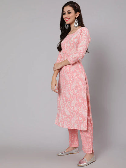 PRINTED COTTON CALF LENGTH STRAIGHT 3/4 SLEEVE ROUND NECK PRINTED KURTA, PANTS WITH DUPATTA SET