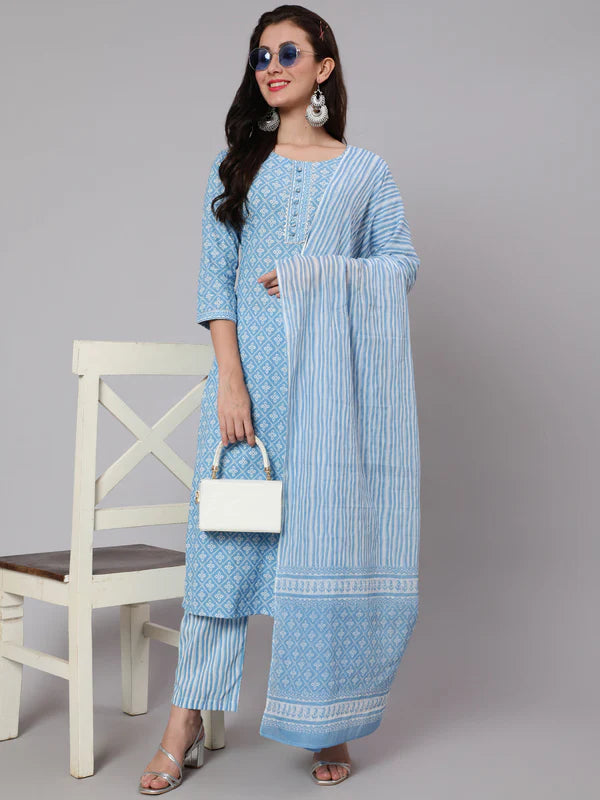 PRINTED COTTON CALF LENGTH STRAIGHT 3/4 SLEEVE ROUND NECK PRINTED KURTA, PANTS WITH DUPATTA SET