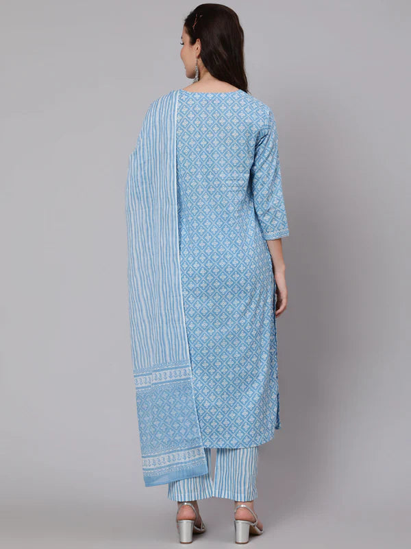 PRINTED COTTON CALF LENGTH STRAIGHT 3/4 SLEEVE ROUND NECK PRINTED KURTA, PANTS WITH DUPATTA SET