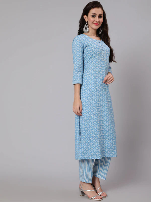 PRINTED COTTON CALF LENGTH STRAIGHT 3/4 SLEEVE ROUND NECK PRINTED KURTA, PANTS WITH DUPATTA SET