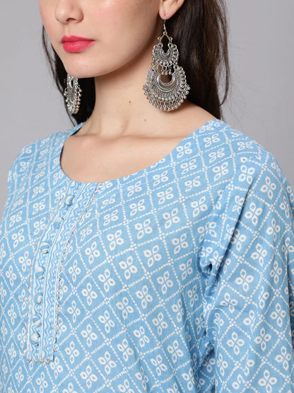 PRINTED COTTON CALF LENGTH STRAIGHT 3/4 SLEEVE ROUND NECK PRINTED KURTA, PANTS WITH DUPATTA SET