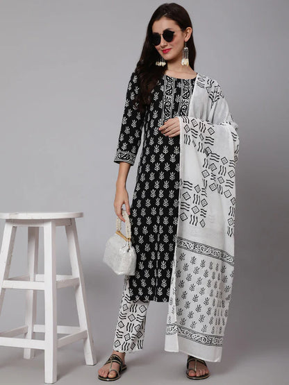 PRINTED COTTON CALF LENGTH STRAIGHT 3/4 SLEEVE ROUND NECK PRINTED KURTA, PANTS WITH DUPATTA SET