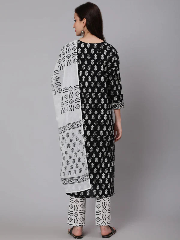 PRINTED COTTON CALF LENGTH STRAIGHT 3/4 SLEEVE ROUND NECK PRINTED KURTA, PANTS WITH DUPATTA SET