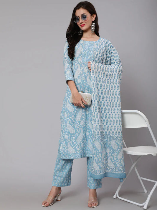 PRINTED COTTON CALF LENGTH STRAIGHT 3/4 SLEEVE ROUND NECK PRINTED KURTA, PANTS WITH DUPATTA SET