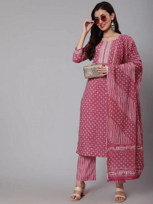 PRINTED COTTON CALF LENGTH STRAIGHT 3/4 SLEEVE ROUND NECK PRINTED KURTA, PANTS WITH DUPATTA SET