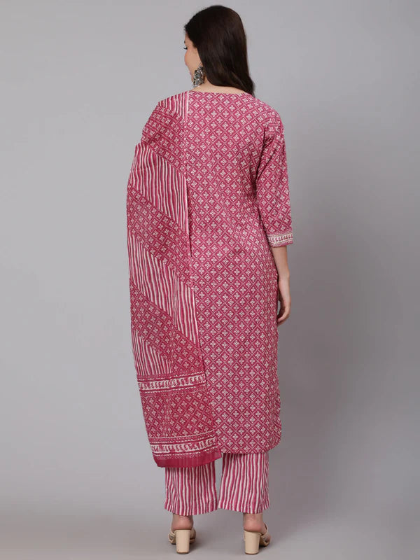 PRINTED COTTON CALF LENGTH STRAIGHT 3/4 SLEEVE ROUND NECK PRINTED KURTA, PANTS WITH DUPATTA SET