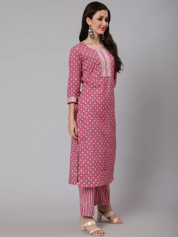 PRINTED COTTON CALF LENGTH STRAIGHT 3/4 SLEEVE ROUND NECK PRINTED KURTA, PANTS WITH DUPATTA SET