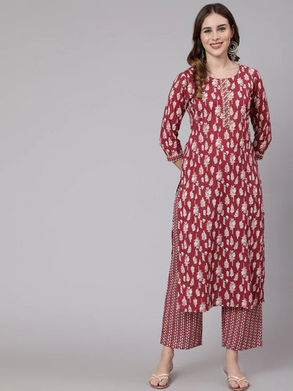 COTTON CALF LENGTH STRAIGHT 3/4 SLEEVE ROUND NECK PRINTED KURTA, PANTS