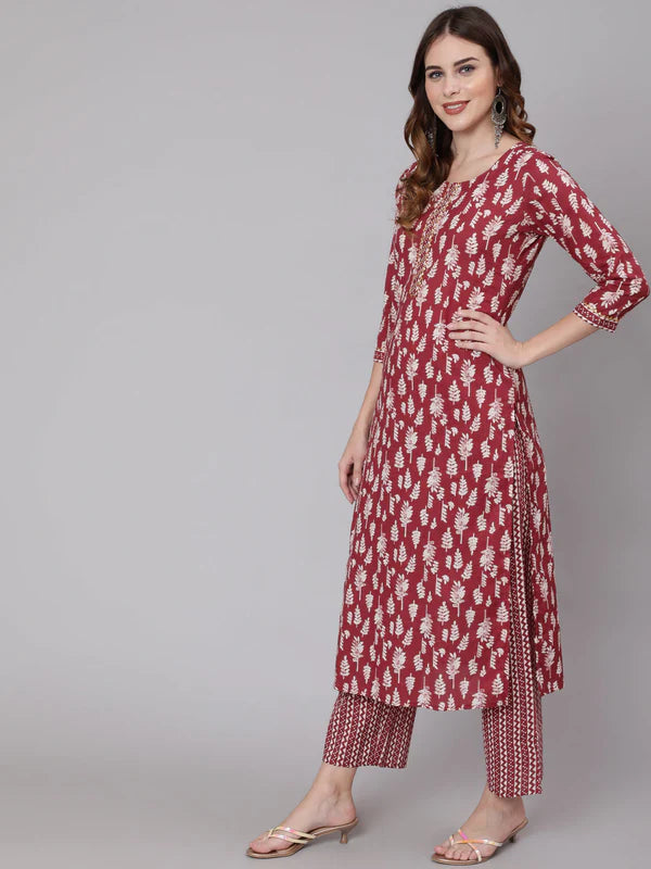 COTTON CALF LENGTH STRAIGHT 3/4 SLEEVE ROUND NECK PRINTED KURTA, PANTS