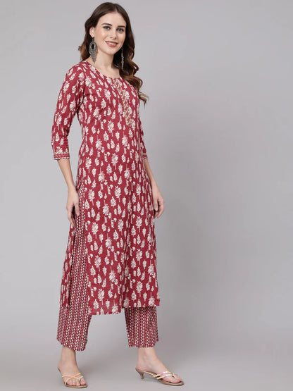 COTTON CALF LENGTH STRAIGHT 3/4 SLEEVE ROUND NECK PRINTED KURTA, PANTS