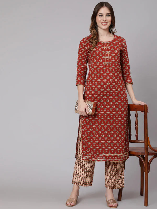 COTTON CALF LENGTH STRAIGHT 3/4 SLEEVE ROUND NECK PRINTED KURTA, PANTS