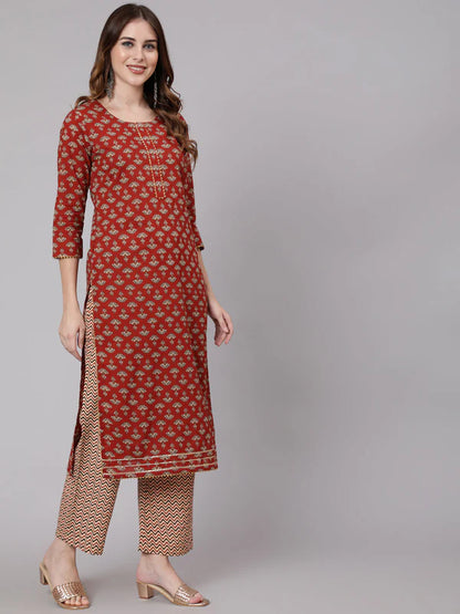 COTTON CALF LENGTH STRAIGHT 3/4 SLEEVE ROUND NECK PRINTED KURTA, PANTS