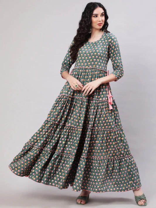 RAYON PRINTED ANKLE LENGTH FLARED 3/4 SLEEVE ROUND NECK KURTA