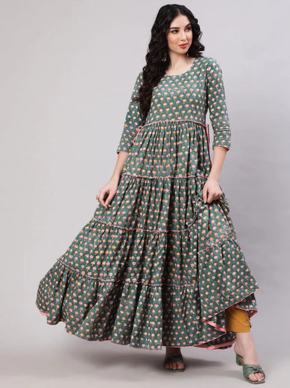 RAYON PRINTED ANKLE LENGTH FLARED 3/4 SLEEVE ROUND NECK KURTA