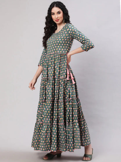 RAYON PRINTED ANKLE LENGTH FLARED 3/4 SLEEVE ROUND NECK KURTA