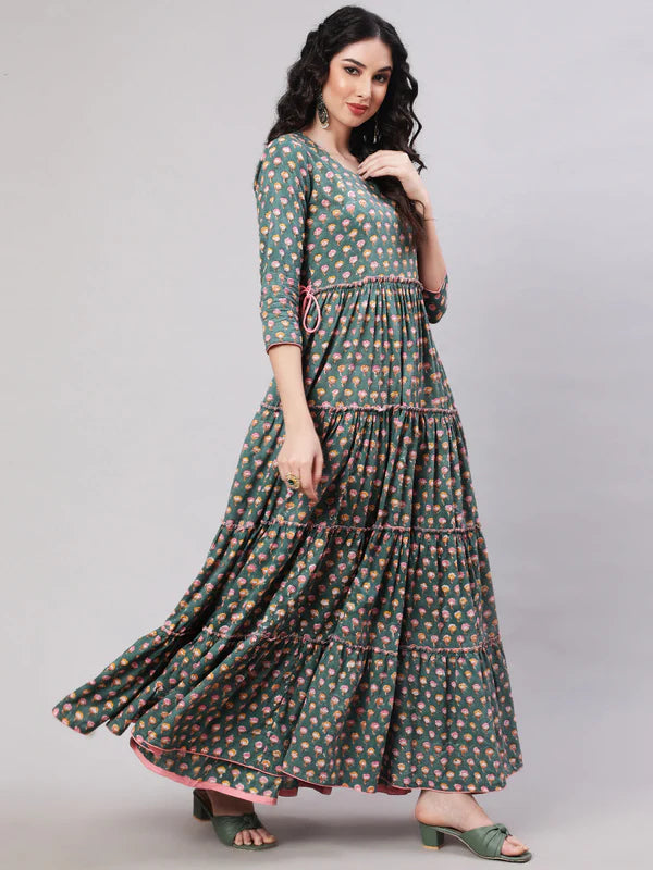 RAYON PRINTED ANKLE LENGTH FLARED 3/4 SLEEVE ROUND NECK KURTA