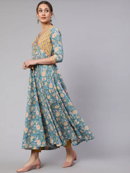 COTTON PRINTED ANKLE LENGTH FLARED 3/4 SLEEVE ROUND NECK KURTA