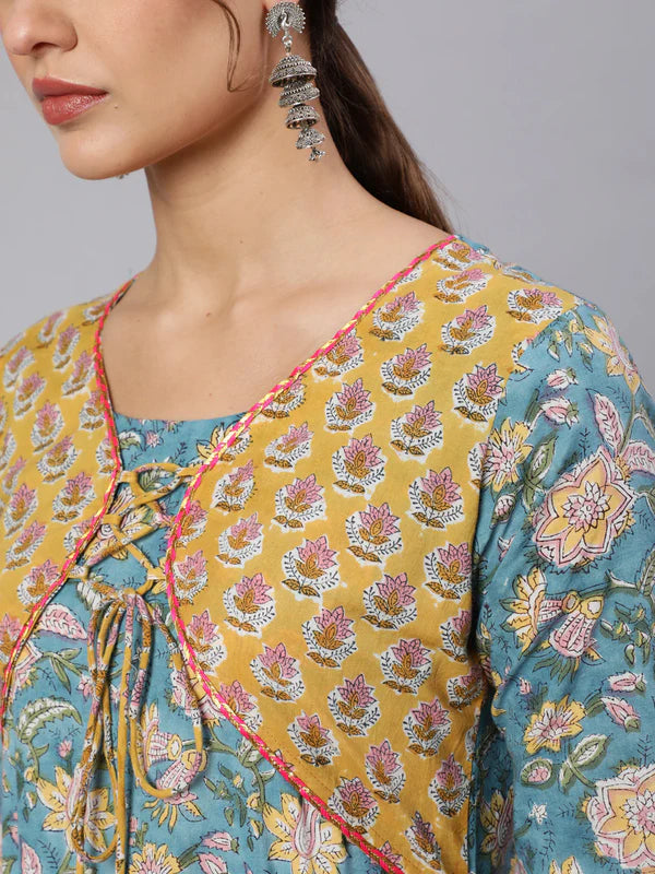 COTTON PRINTED ANKLE LENGTH FLARED 3/4 SLEEVE ROUND NECK KURTA