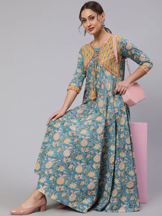 COTTON PRINTED ANKLE LENGTH FLARED 3/4 SLEEVE ROUND NECK KURTA