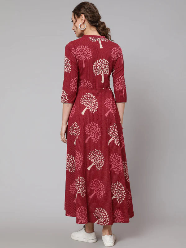 COTTON PRINTED MANDARIN NECK 3/4 SLEEVE FLARED ANKLE LENGTH ETHNIC KURTA